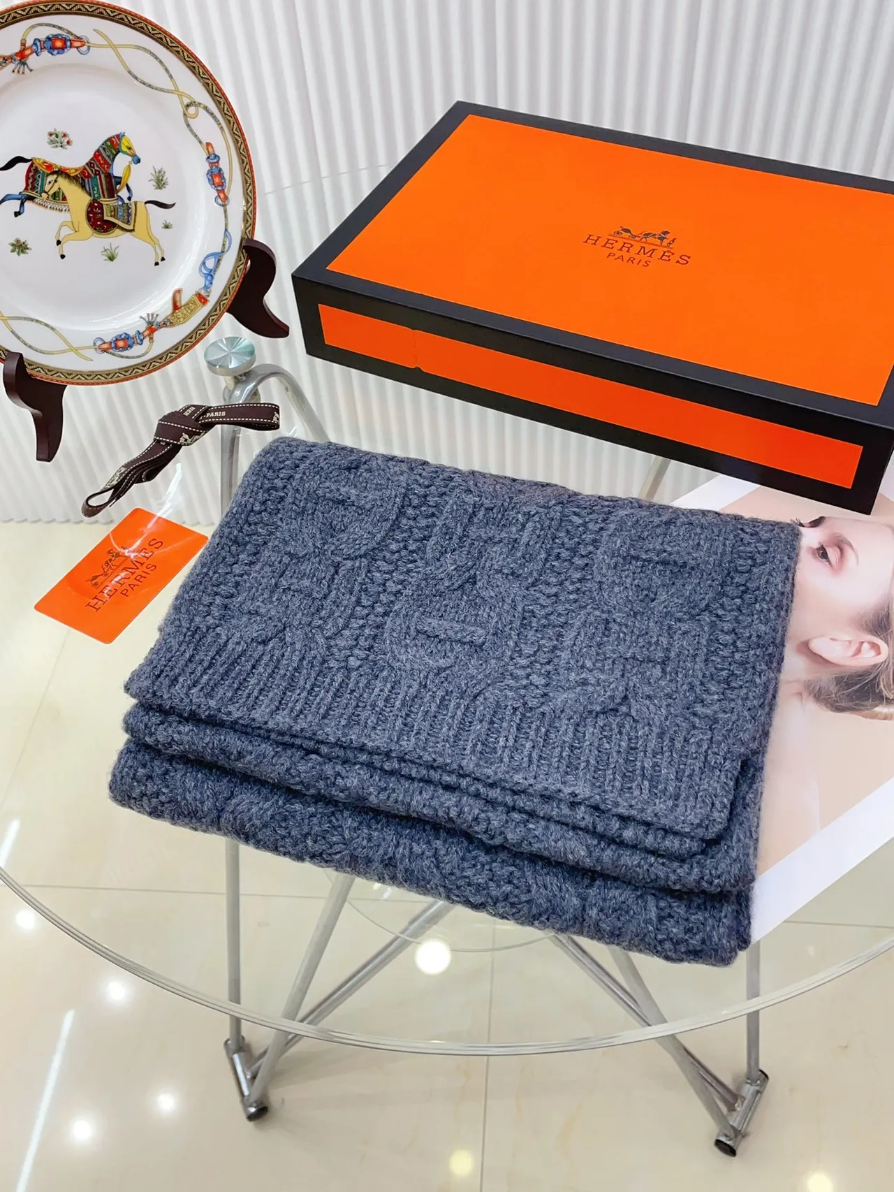 Hermès Blue Cable-Knit Chunky Ribbed Texture Cashmere Scarf 6
