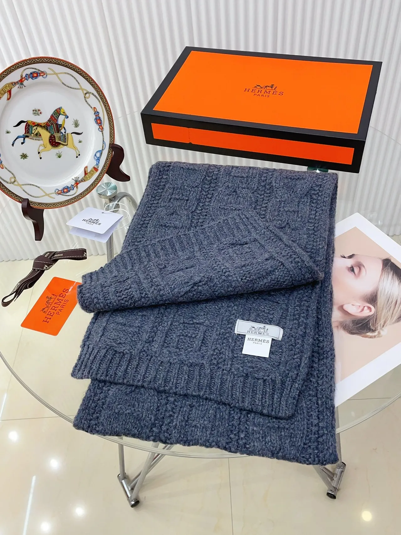 Hermès Blue Cable-Knit Chunky Ribbed Texture Cashmere Scarf 7
