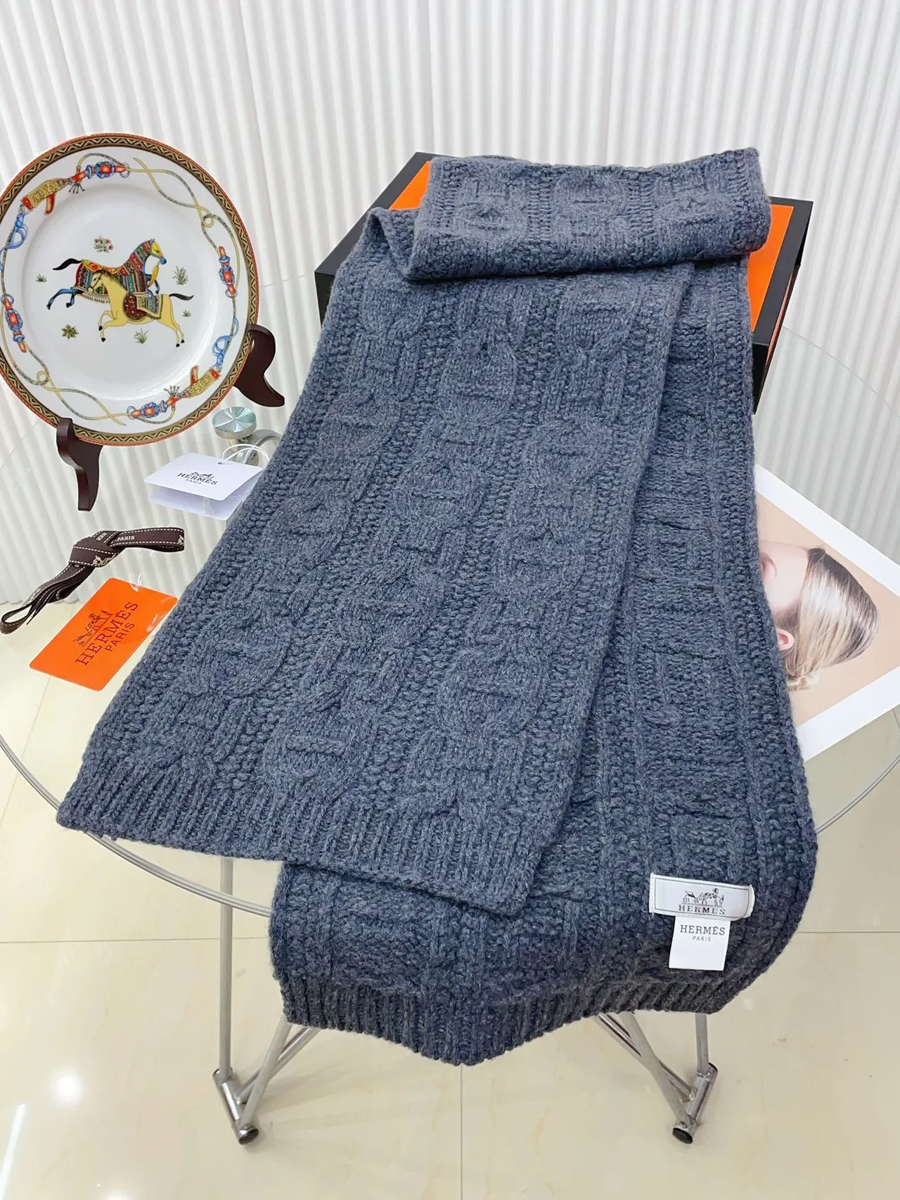 Hermès Blue Cable-Knit Chunky Ribbed Texture Cashmere Scarf 8