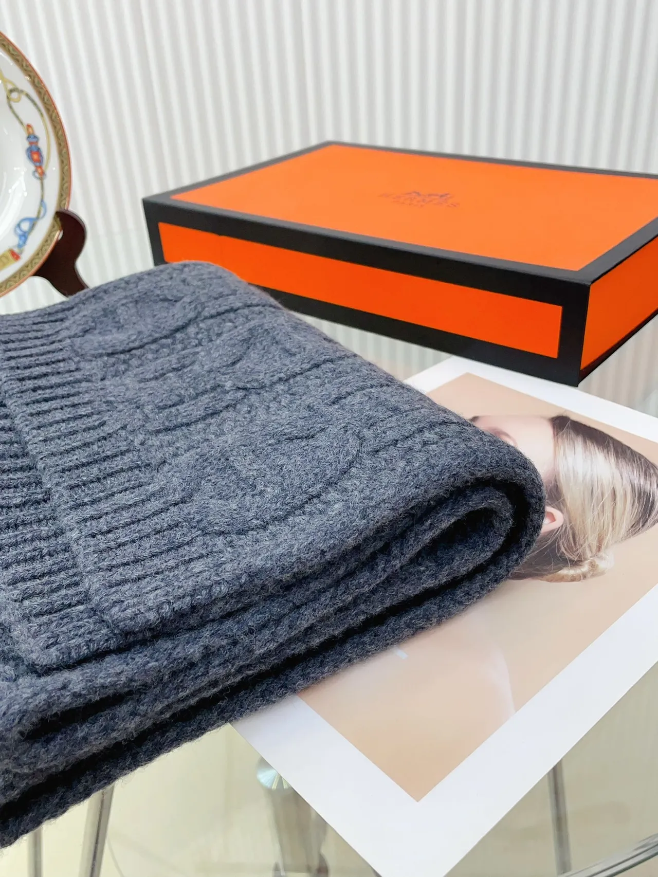 Hermès Blue Cable-Knit Chunky Ribbed Texture Cashmere Scarf 9