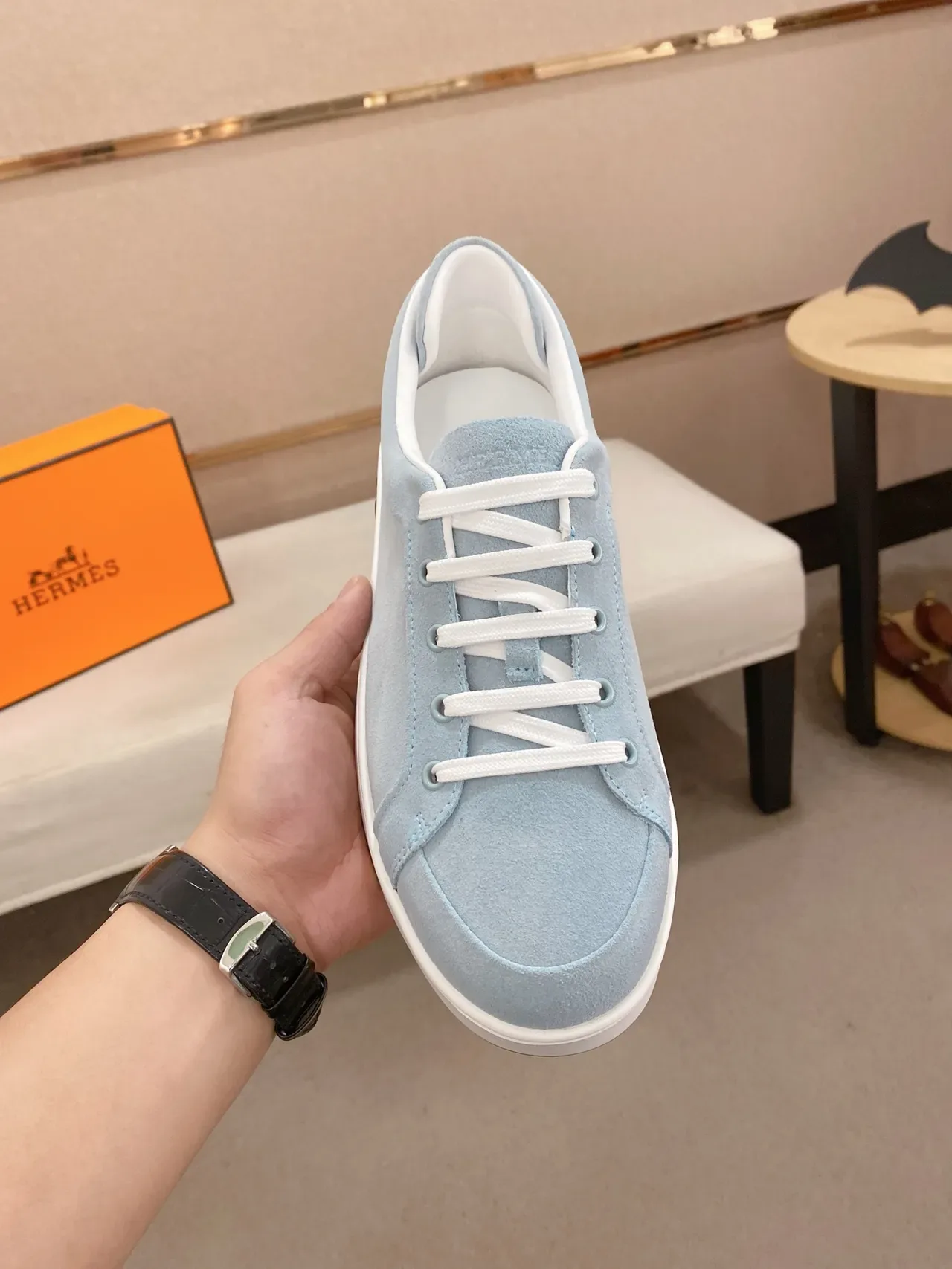 Hermès Blue White Suede Upper Low-Top Silhouette Lifestyle Sneakers 5