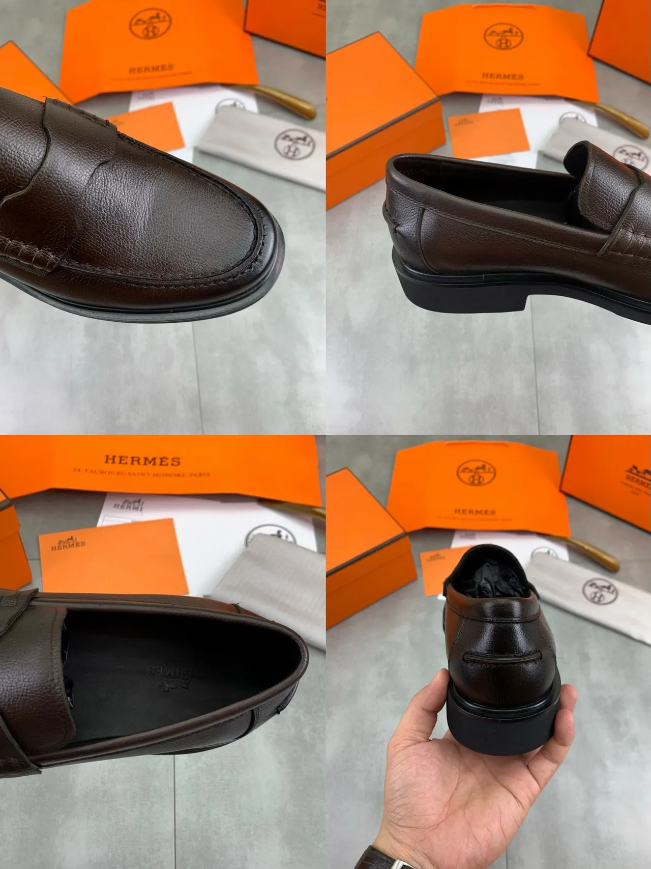 Hermès Brown Black Pebbled Leather Penny Strap Loafer 2