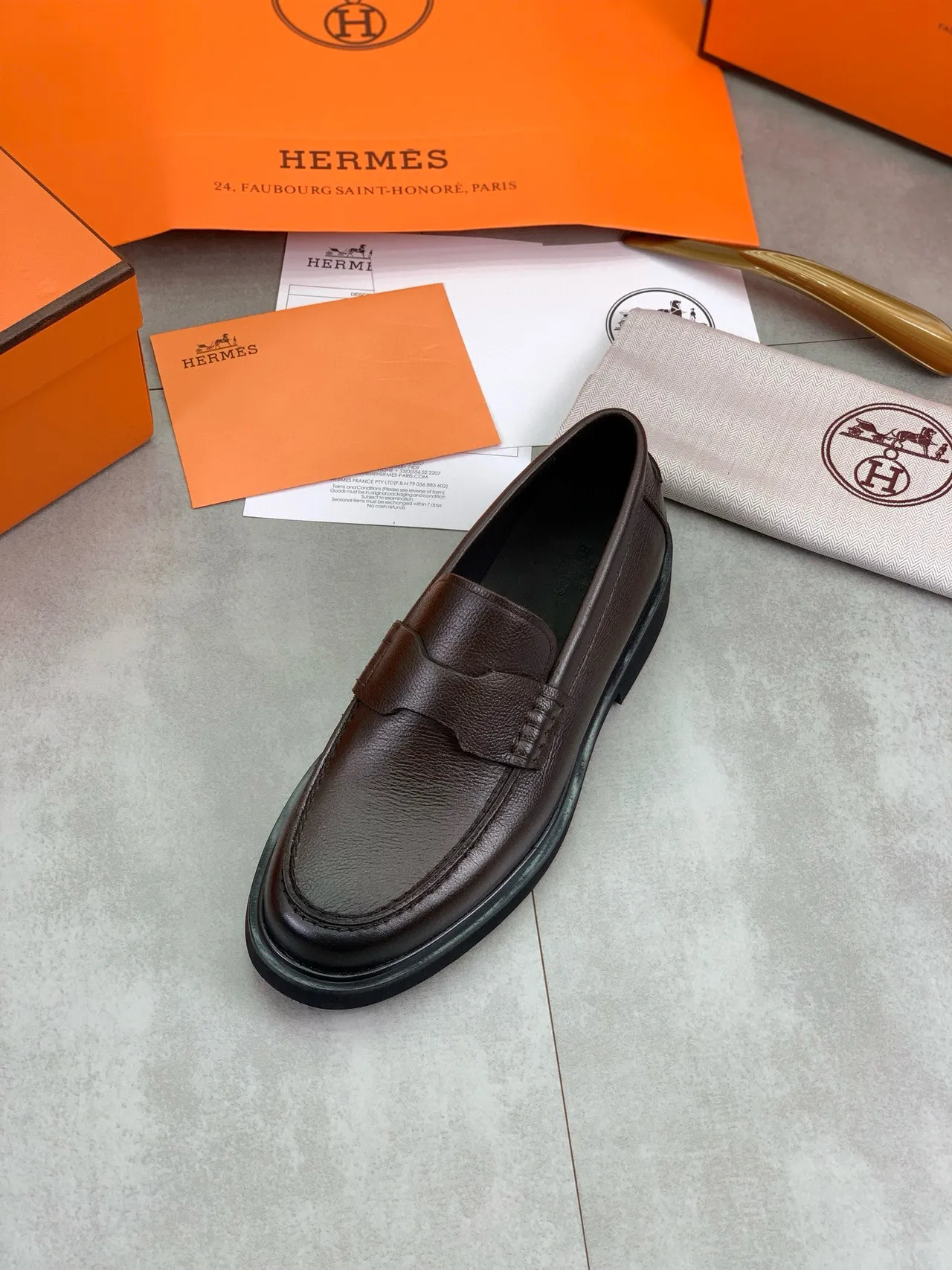 Hermès Brown Black Pebbled Leather Penny Strap Loafer 4