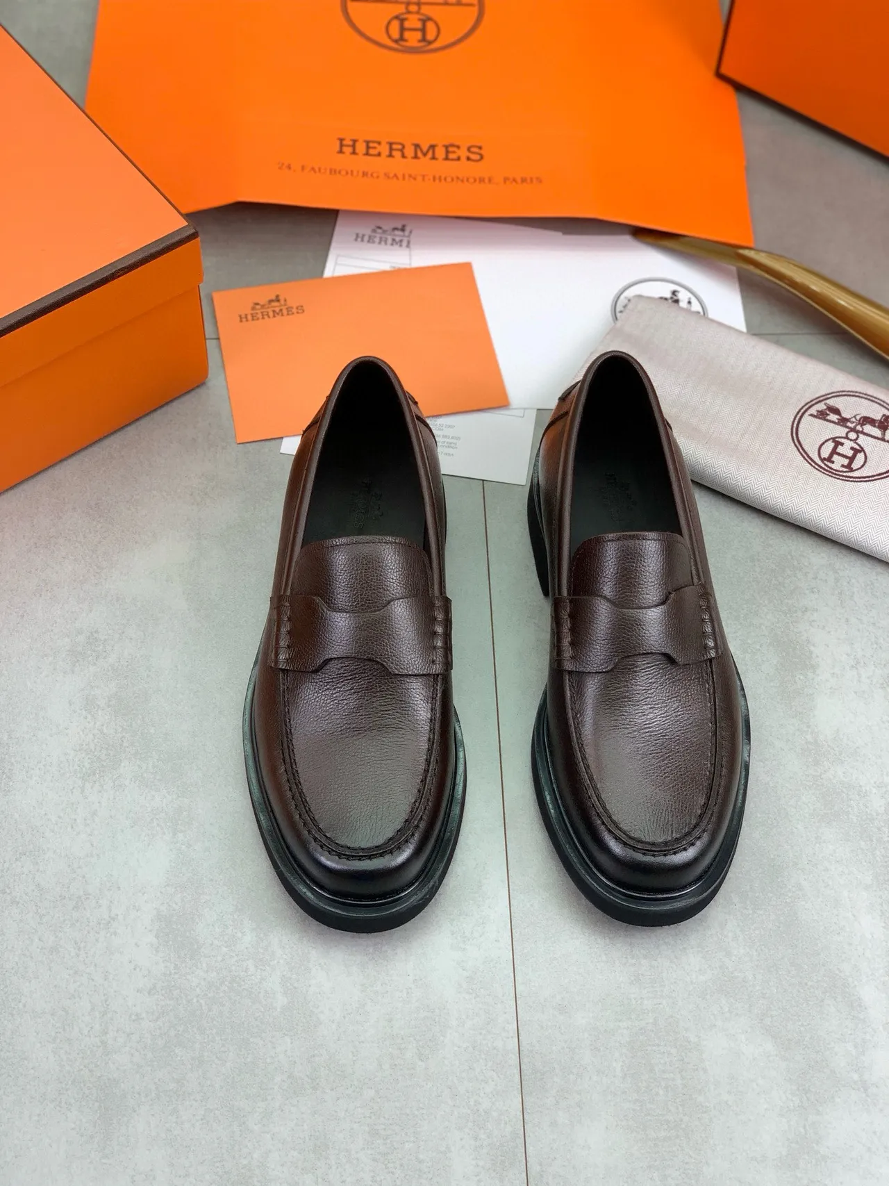 Hermès Brown Black Pebbled Leather Penny Strap Loafer 5