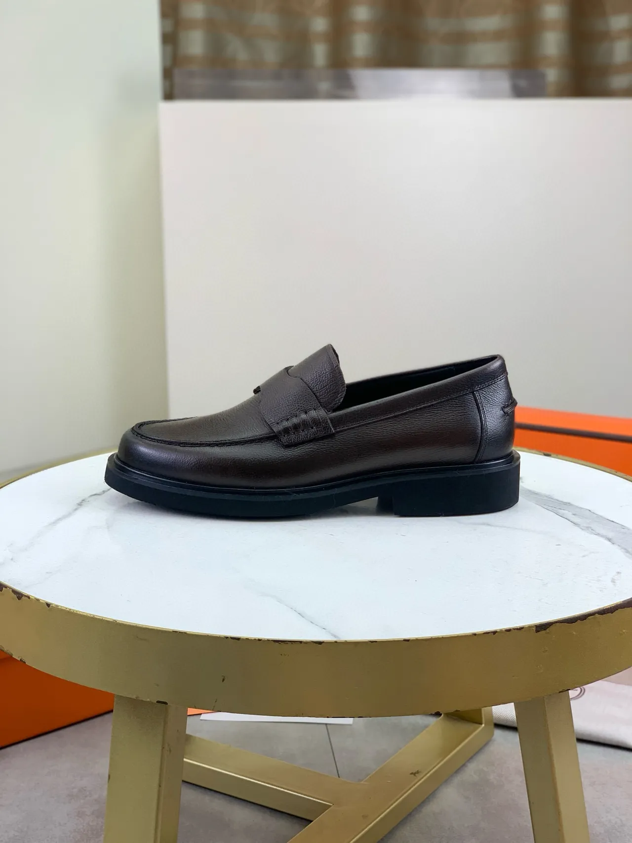 Hermès Brown Black Pebbled Leather Penny Strap Loafer 6