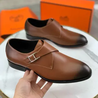 Hermès Brown Black Single-Strap Polished H-Buckle Monk Shoes