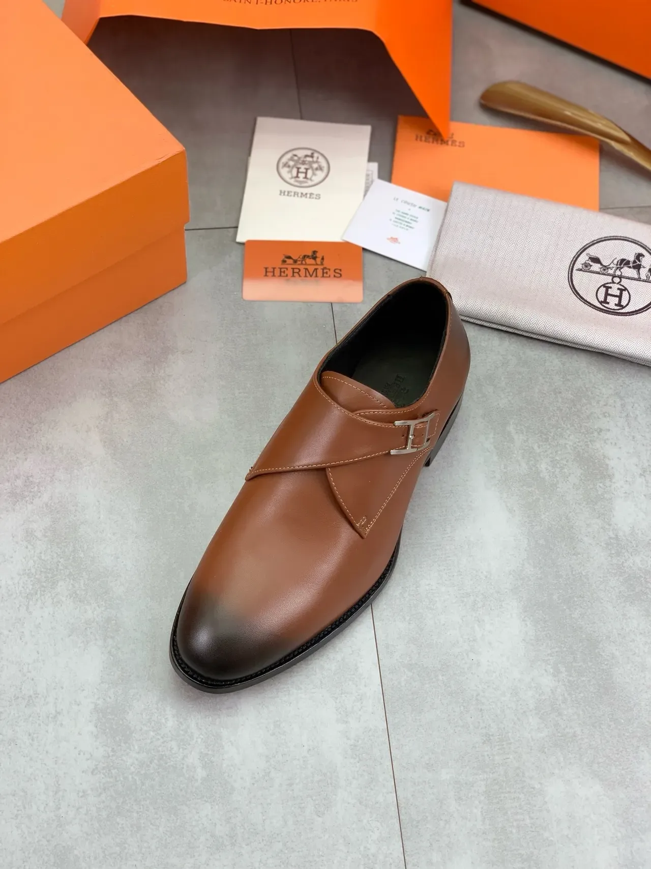 Hermès Brown Black Single-Strap Polished H-Buckle Monk Shoes 4