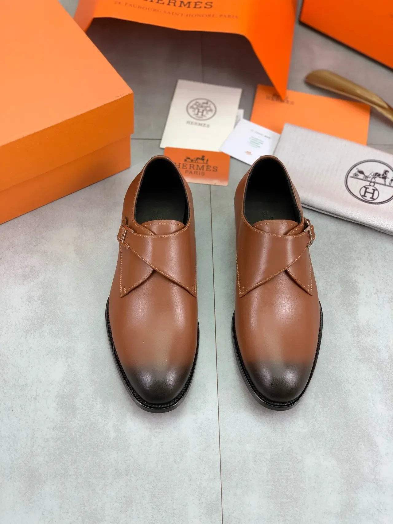 Hermès Brown Black Single-Strap Polished H-Buckle Monk Shoes 5