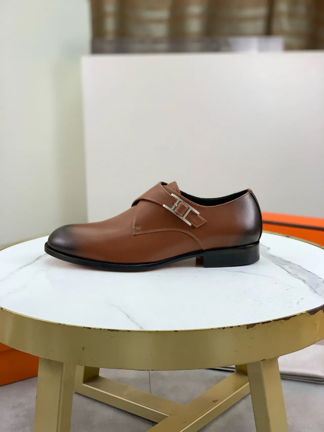 Hermès Brown Black Single-Strap Polished H-Buckle Monk Shoes 6