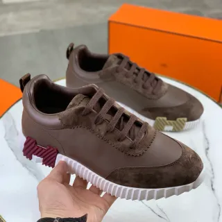 Hermès Marrón Blanco Cuero Y Ante Superior Talón Medial Rayado Zapatillas Lifestyle