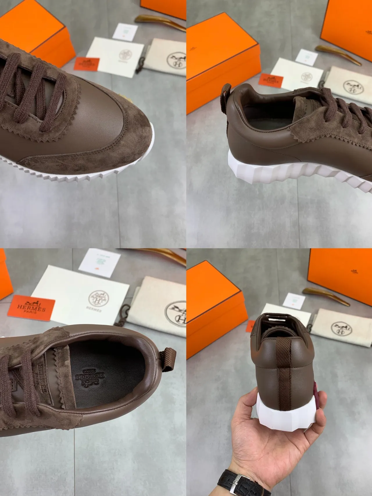 Hermès Marrón Blanco Cuero Y Ante Superior Talón Medial Rayado Zapatillas Lifestyle 2