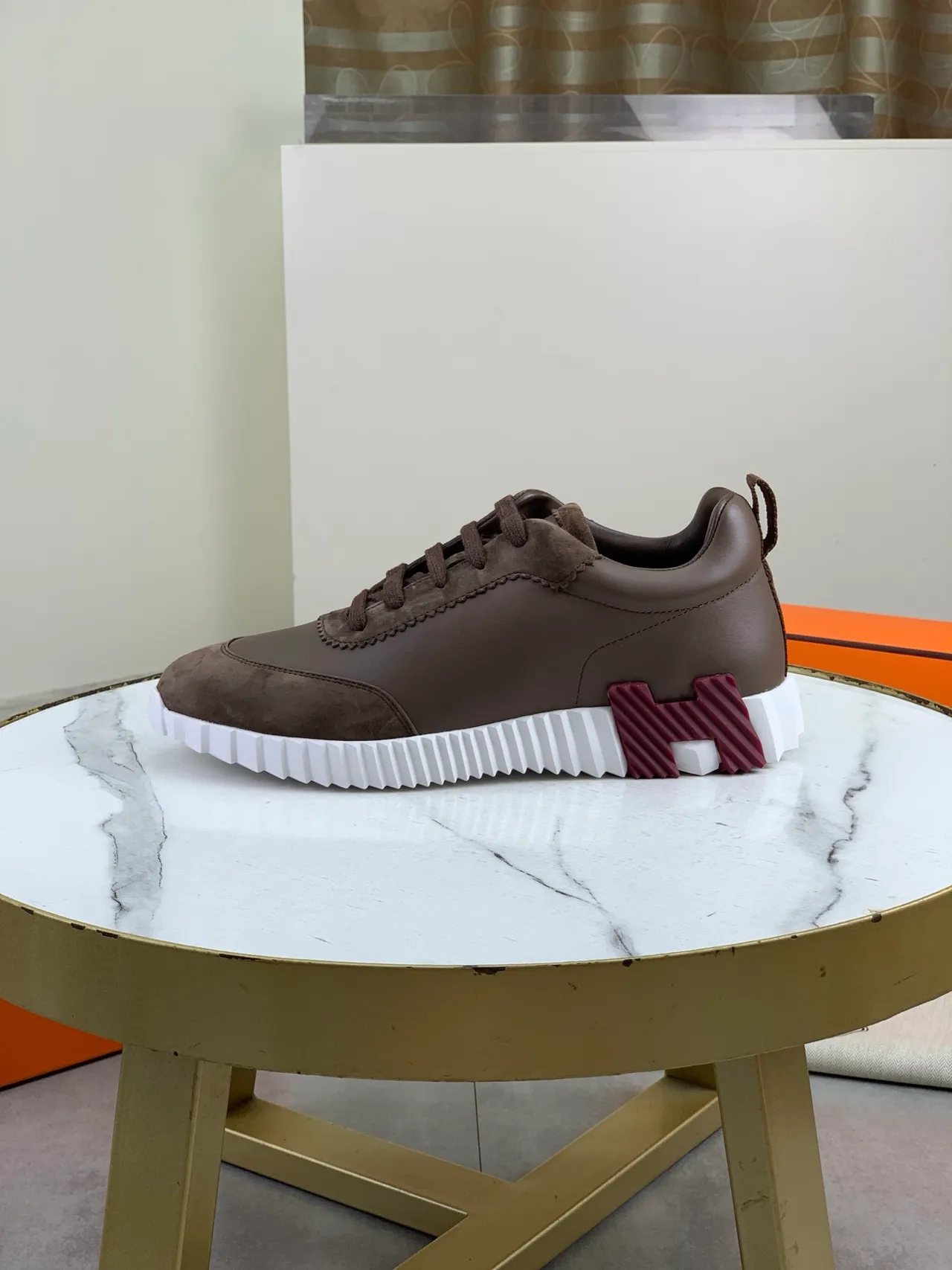 Hermès Marrón Blanco Cuero Y Ante Superior Talón Medial Rayado Zapatillas Lifestyle 5