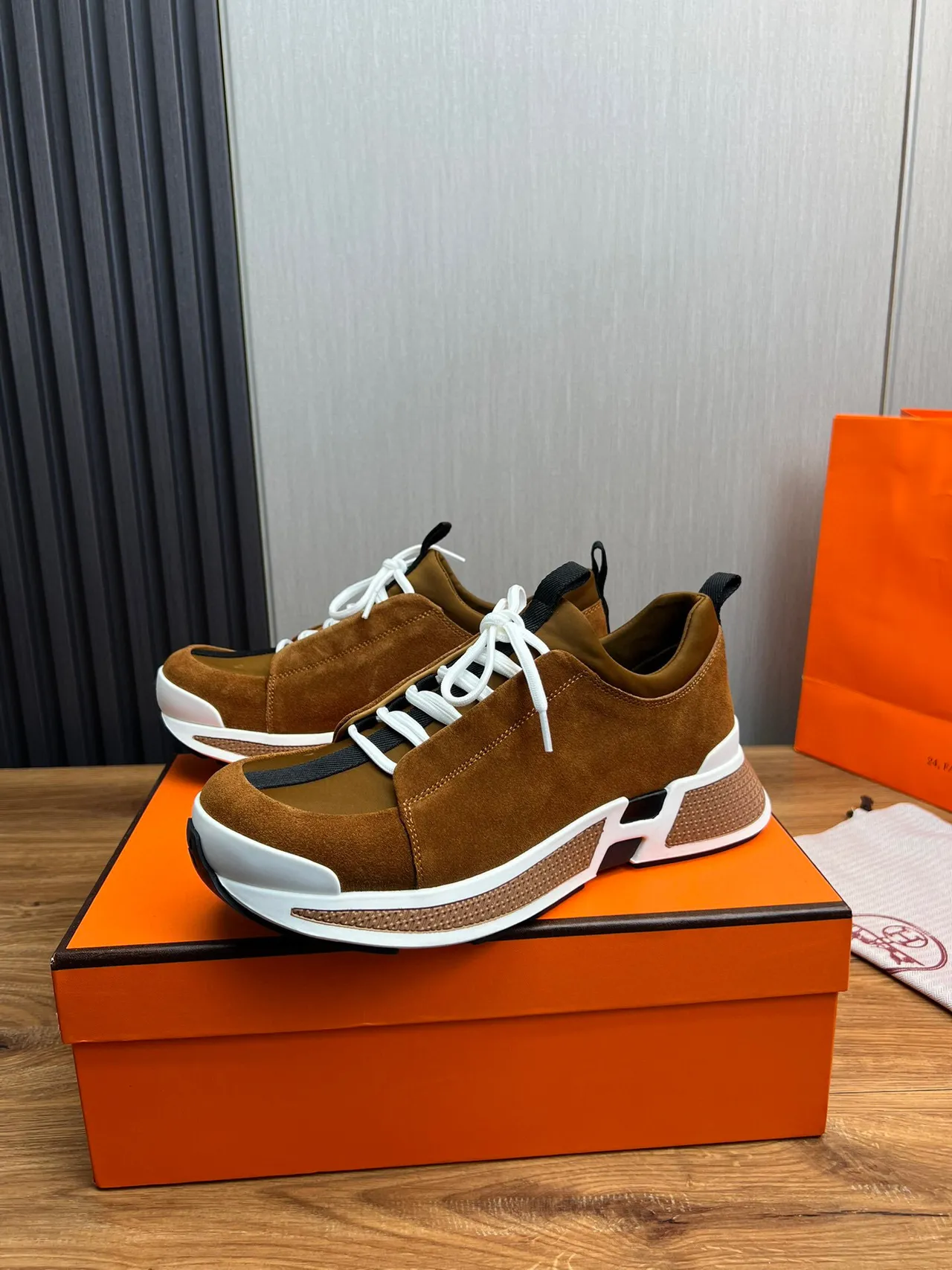 Hermès Brown White Suede Upper Laces Lifestyle Sneakers 2