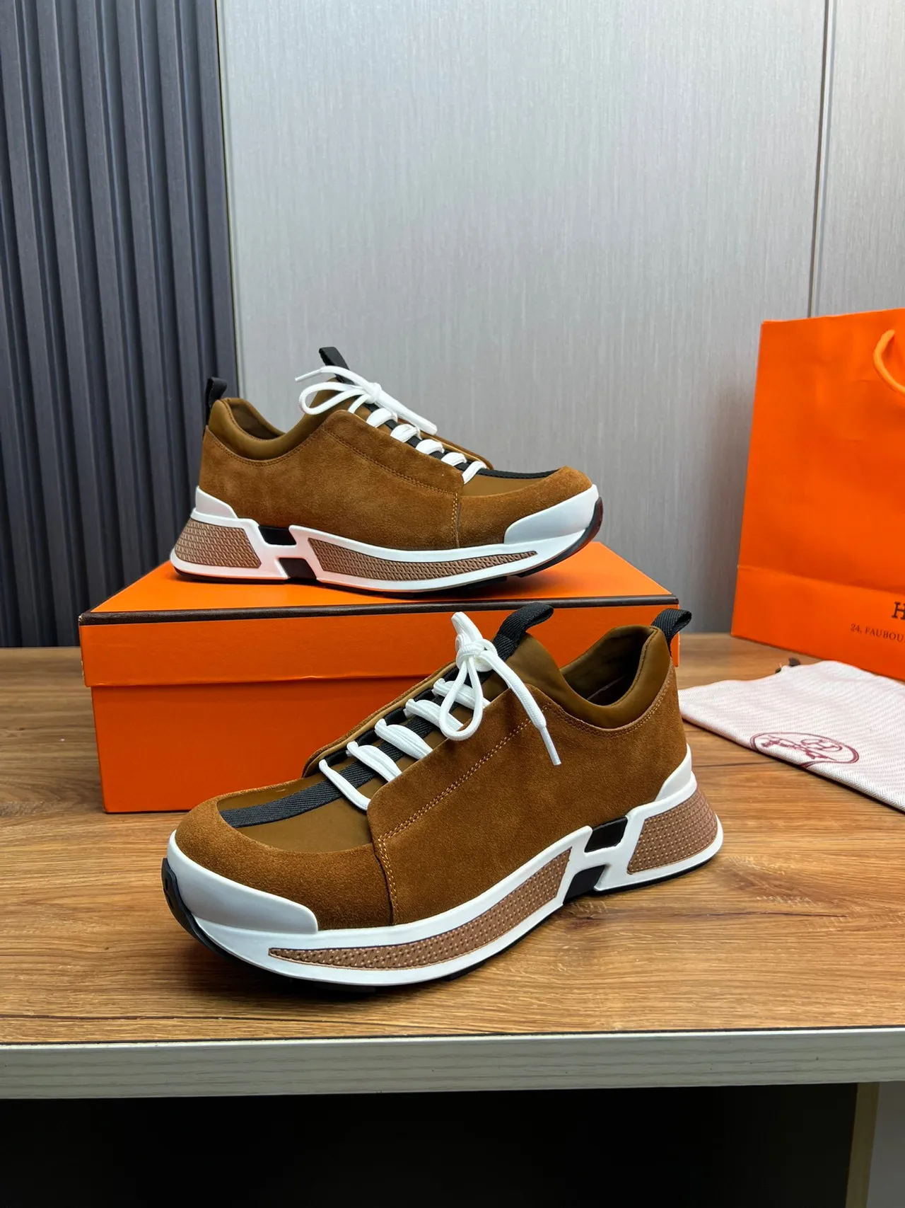 Hermès Brown White Suede Upper Laces Lifestyle Sneakers 3