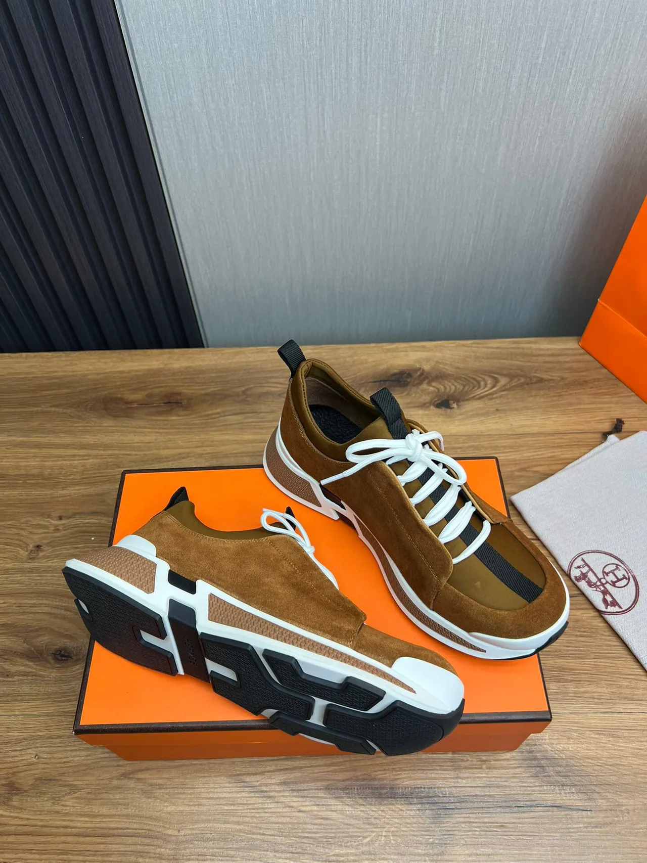 Hermès Brown White Suede Upper Laces Lifestyle Sneakers 5