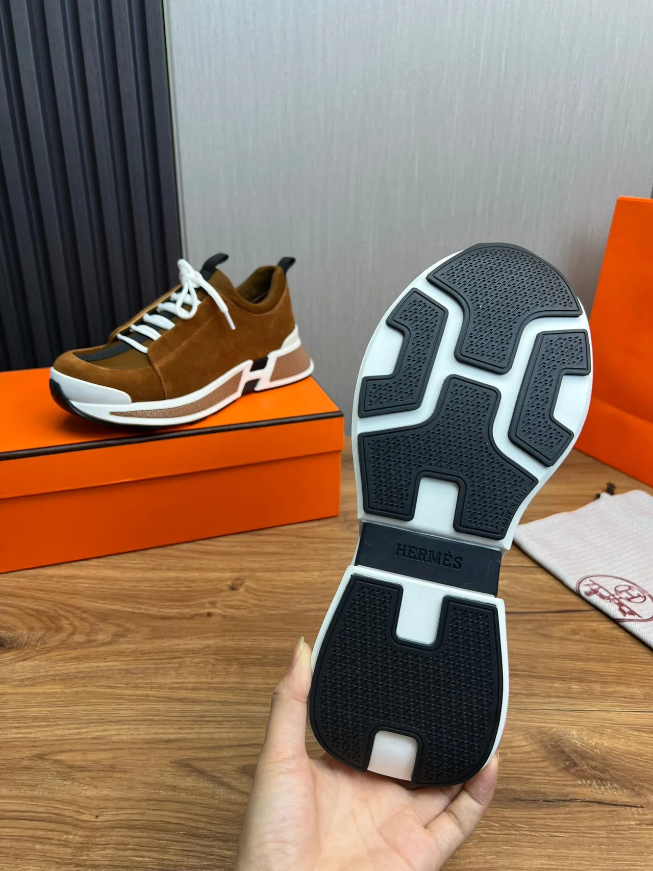 Hermès Brown White Suede Upper Laces Lifestyle Sneakers 9