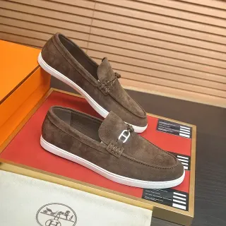 Hermès Marrón Blanco Ante Superior Suela de Goma Mocasín
