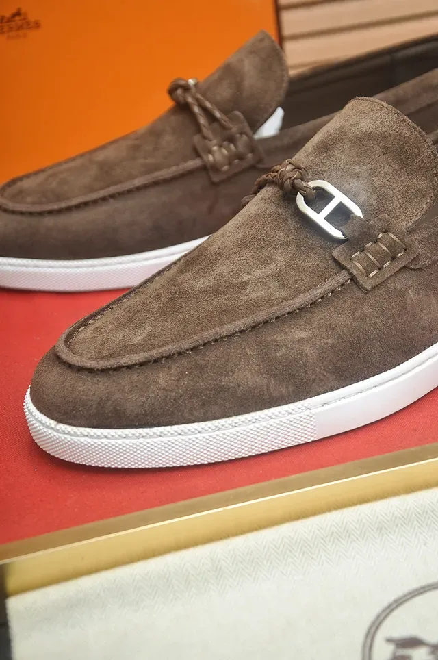 Hermès Brown White Suede Upper Rubber Sole Loafer 2