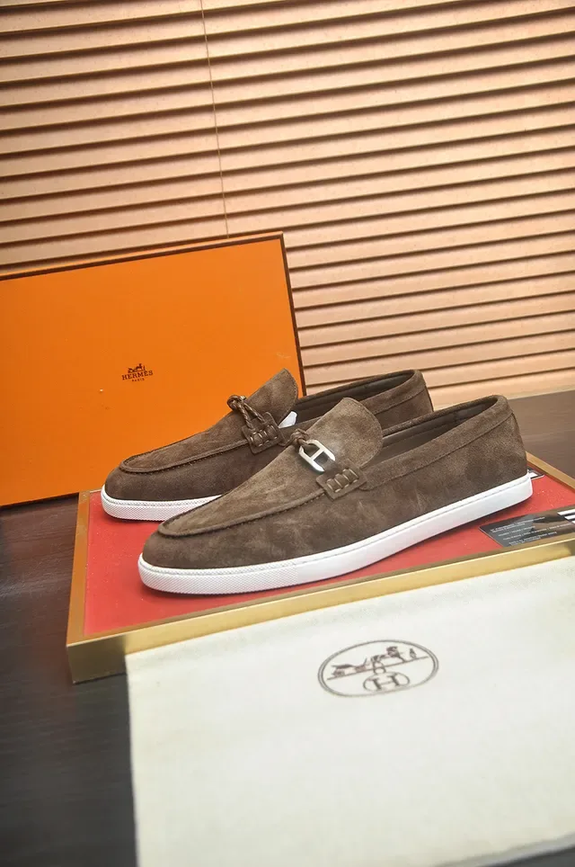 Hermès Brown White Suede Upper Rubber Sole Loafer 4