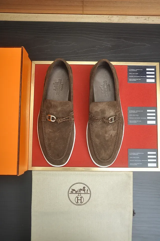 Hermès Brown White Suede Upper Rubber Sole Loafer 5
