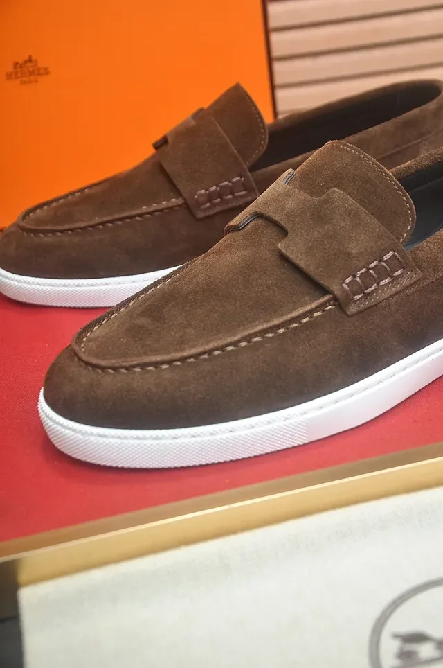 Hermès Brown White Suede Upper Rubber Sole Loafer 2