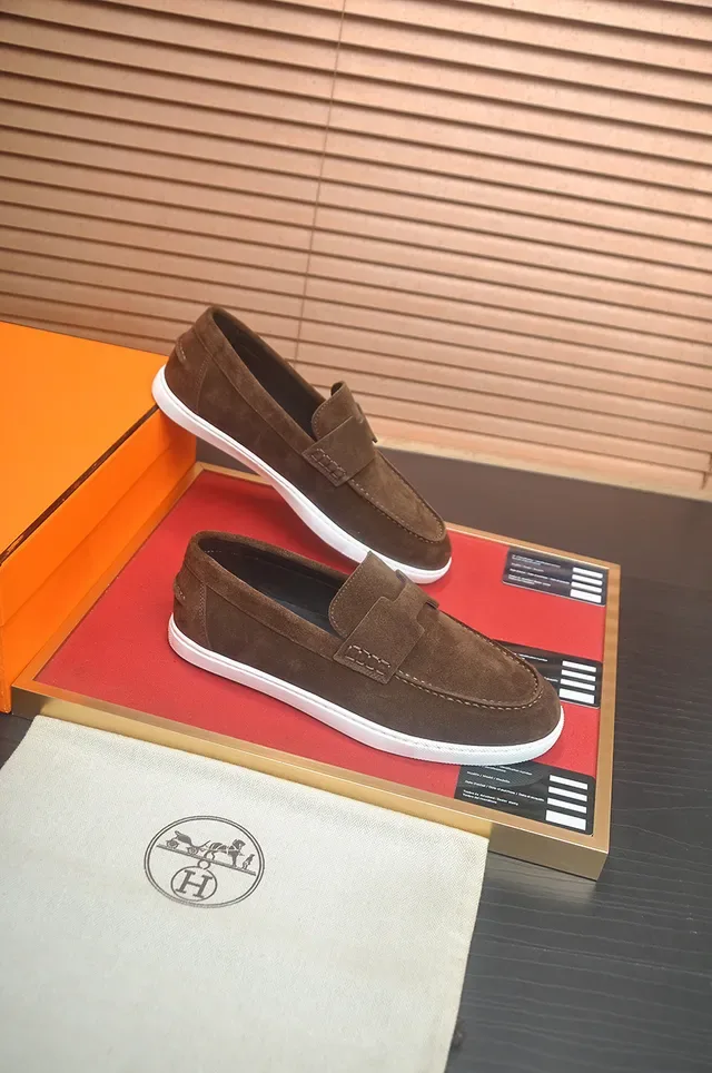 Hermès Brown White Suede Upper Rubber Sole Loafer 4