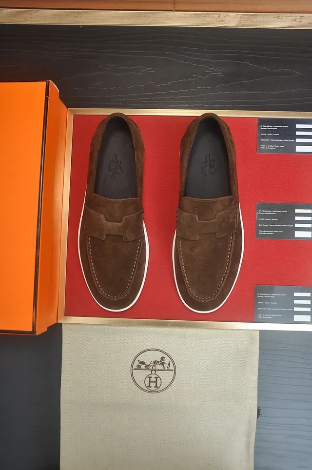 Hermès Brown White Suede Upper Rubber Sole Loafer 5
