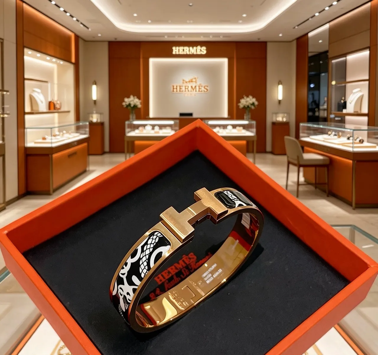 Hermès Clic H pulseira tom dourado preto branco esmalte pulseira 4