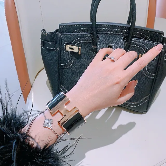 Hermès Clic H Wide Cuff Bracelet Black Enamel and Gold-Tone Metal Bracelet 2