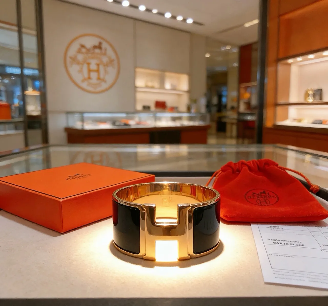 Hermès Clic H Wide Cuff Bracelet Black Enamel and Gold-Tone Metal Bracelet 9
