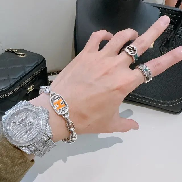 Hermès Collier de Chien Prata Laranja Corrente Chunky Curb-Link Placa Esmaltada 'H' Pulseira 2