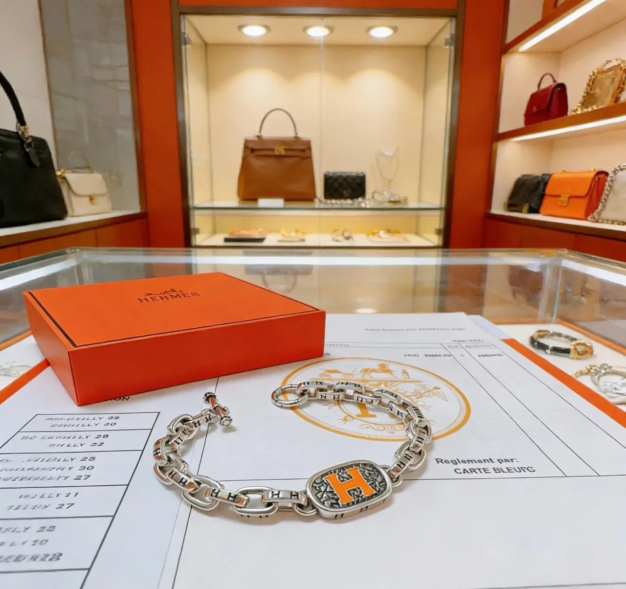 Hermès Collier de Chien Prata Laranja Corrente Chunky Curb-Link Placa Esmaltada 'H' Pulseira 3