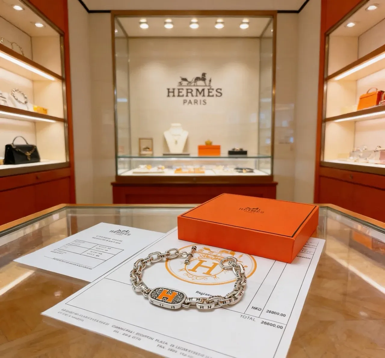 Hermès Collier de Chien Prata Laranja Corrente Chunky Curb-Link Placa Esmaltada 'H' Pulseira 6