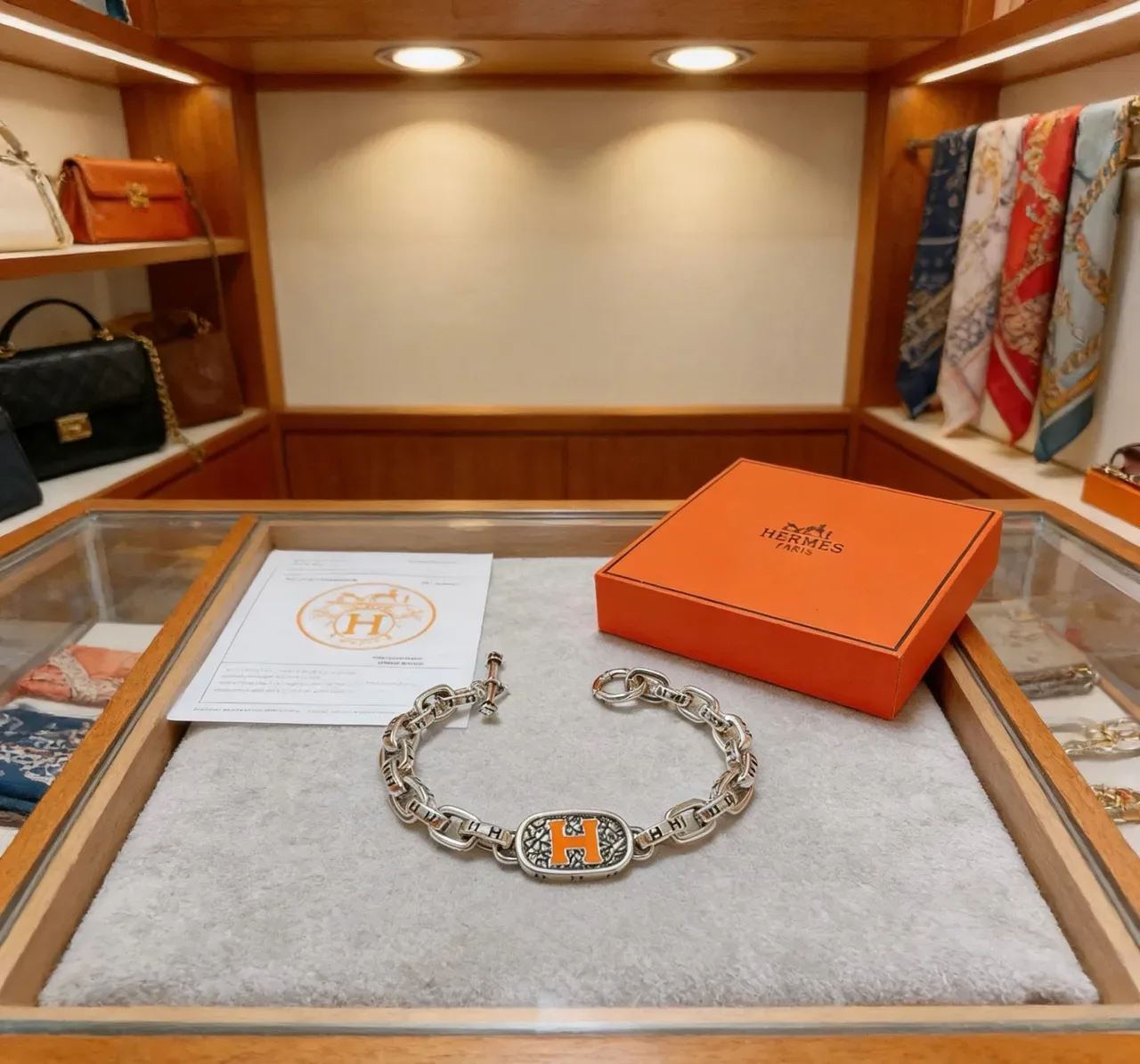 Hermès Collier de Chien Prata Laranja Corrente Chunky Curb-Link Placa Esmaltada 'H' Pulseira 8