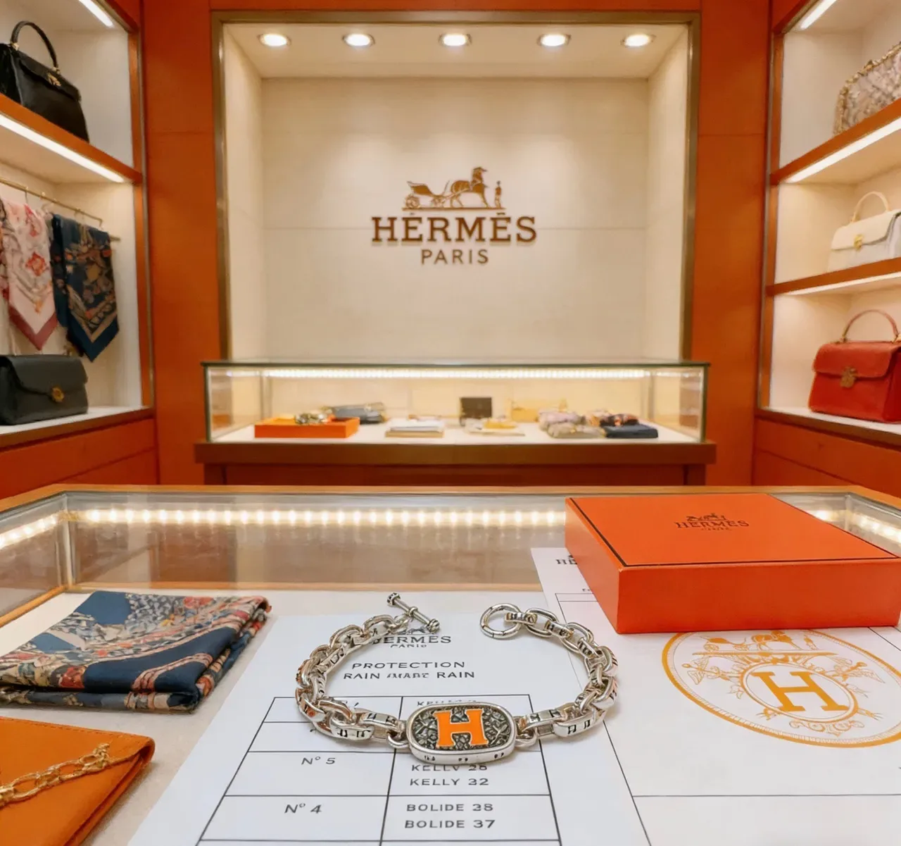 Hermès Collier de Chien Prata Laranja Corrente Chunky Curb-Link Placa Esmaltada 'H' Pulseira 9