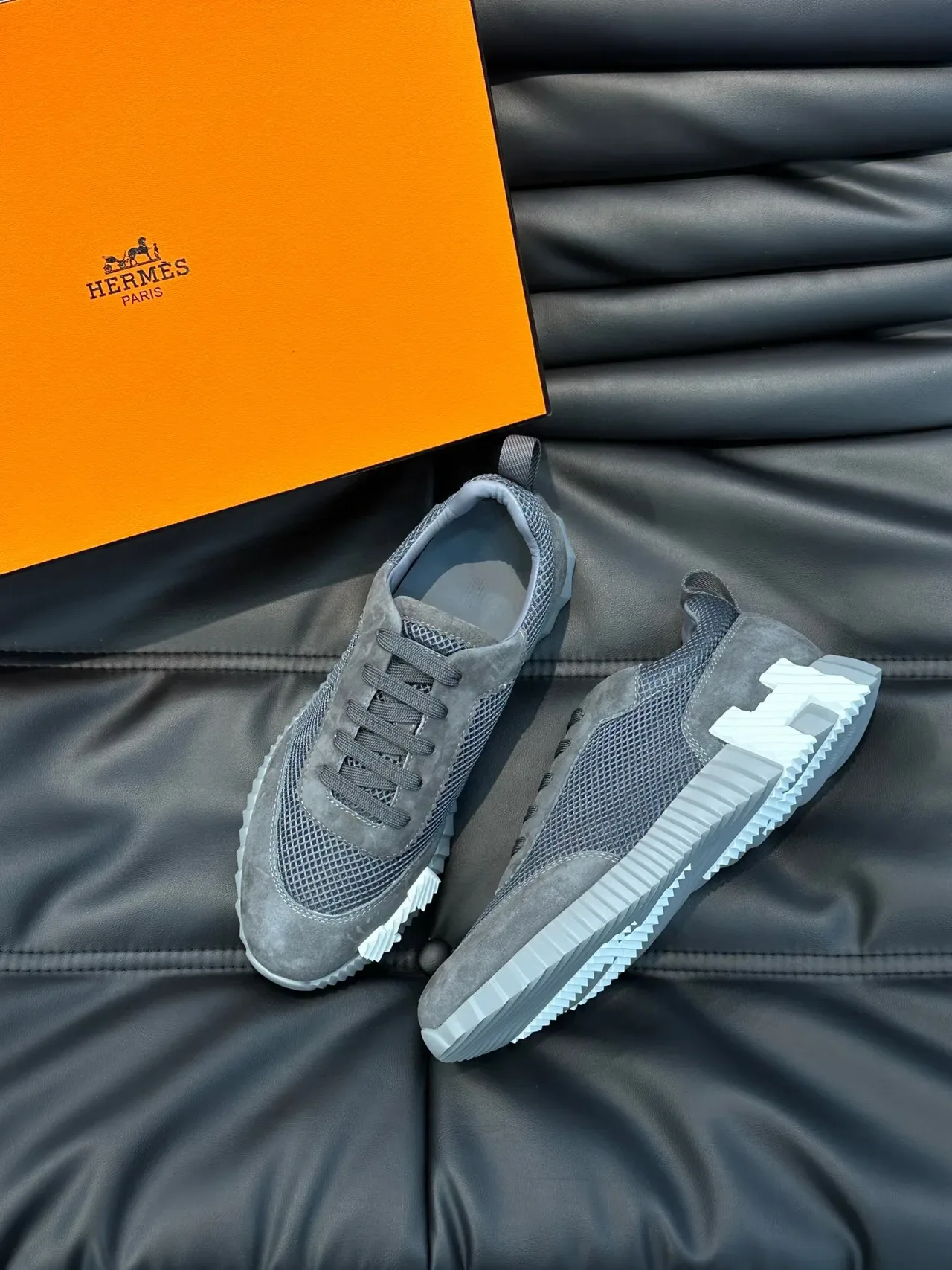 Hermès Gray Suede and Mesh Lace-Up Lifestyle Sneakers 2