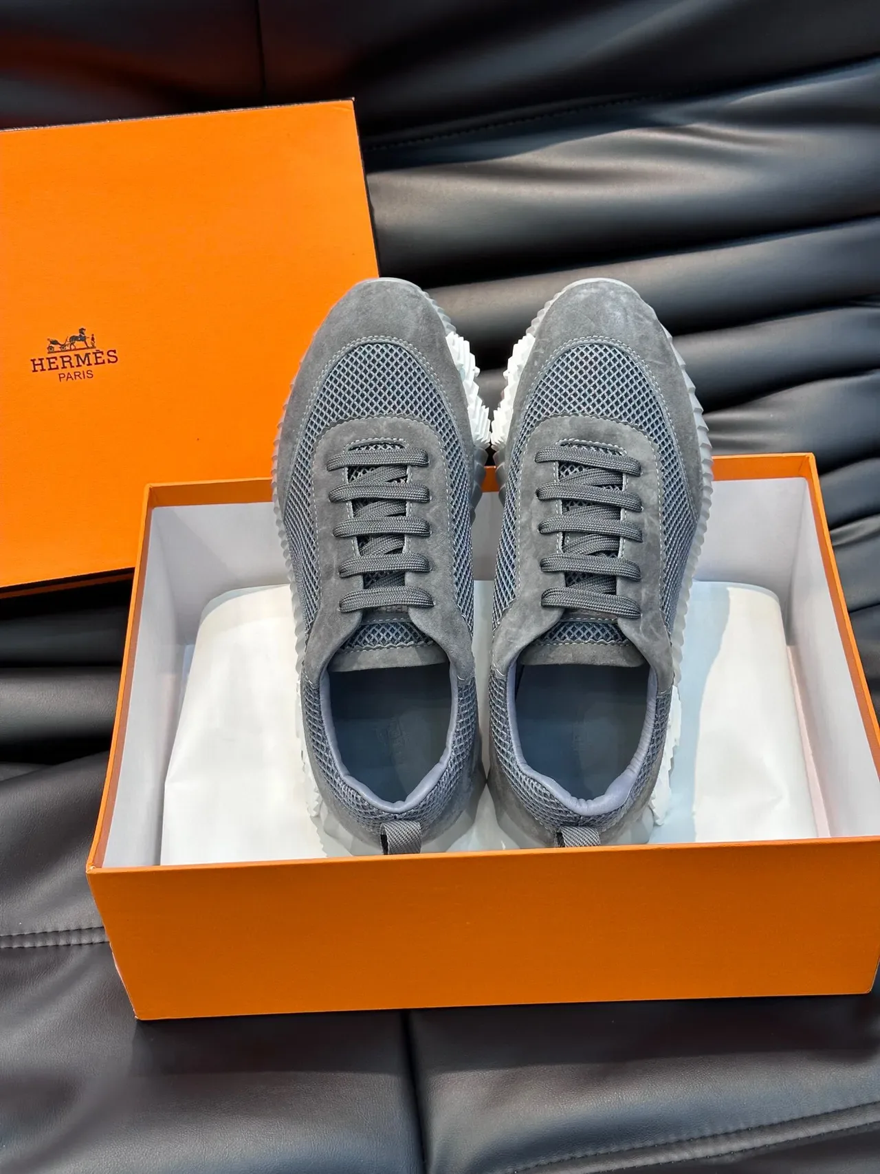 Hermès Gray Suede and Mesh Lace-Up Lifestyle Sneakers 4