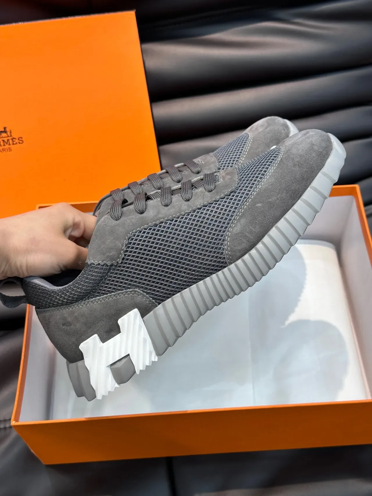 Hermès Gray Suede and Mesh Lace-Up Lifestyle Sneakers 5