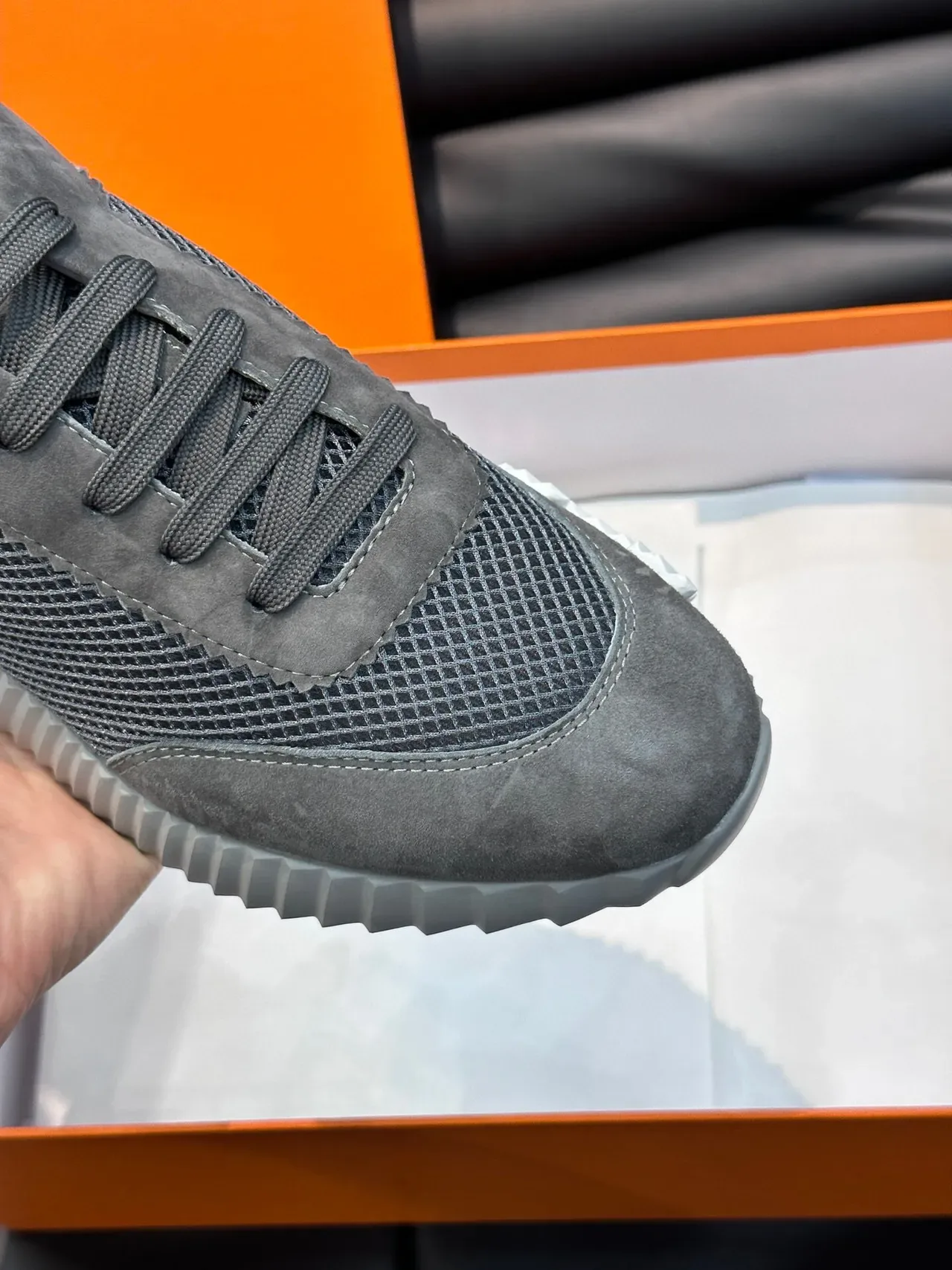 Hermès Gray Suede and Mesh Lace-Up Lifestyle Sneakers 8