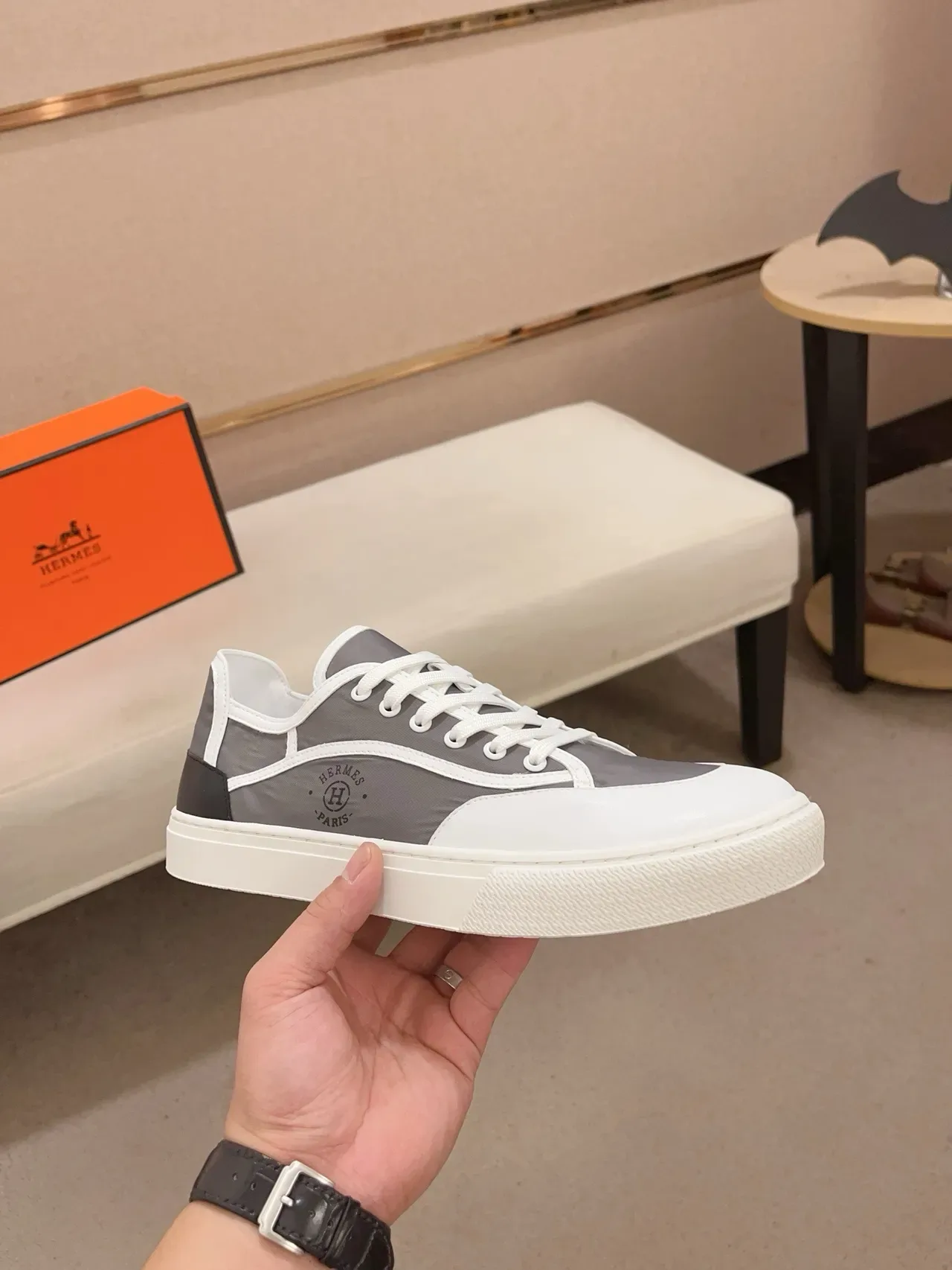 Hermès Gray White Low-Top Mixed-Material Sneakers 4