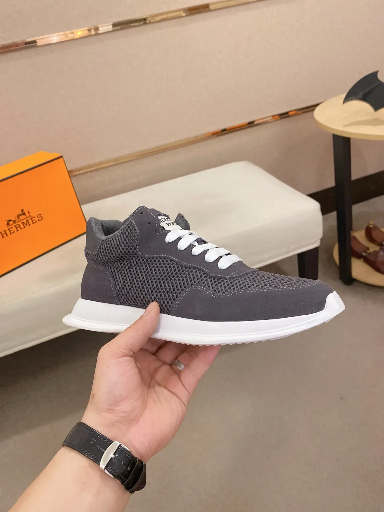 Hermès Gray White Mesh And Suede Upper Low-Top Sneakers 4