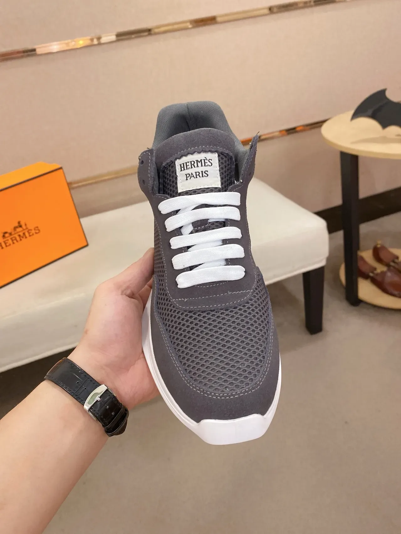 Hermès Gray White Mesh And Suede Upper Low-Top Sneakers 5