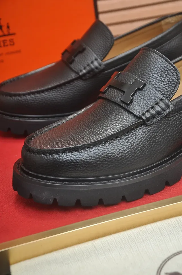 Hermès H-Buckle Loafer Black Beige Pebbled Leather Strap Loafer 2