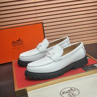 Hermès H-Buckle Loafer White Black Pebbled Leather Strap Loafer