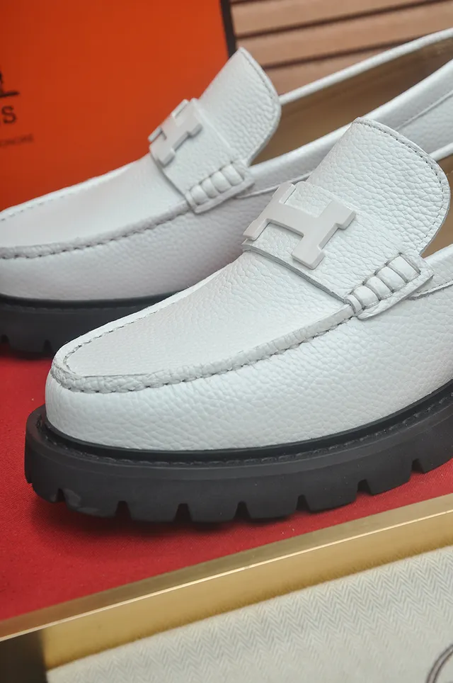 Hermès H-Buckle Loafer White Black Pebbled Leather Strap Loafer 2
