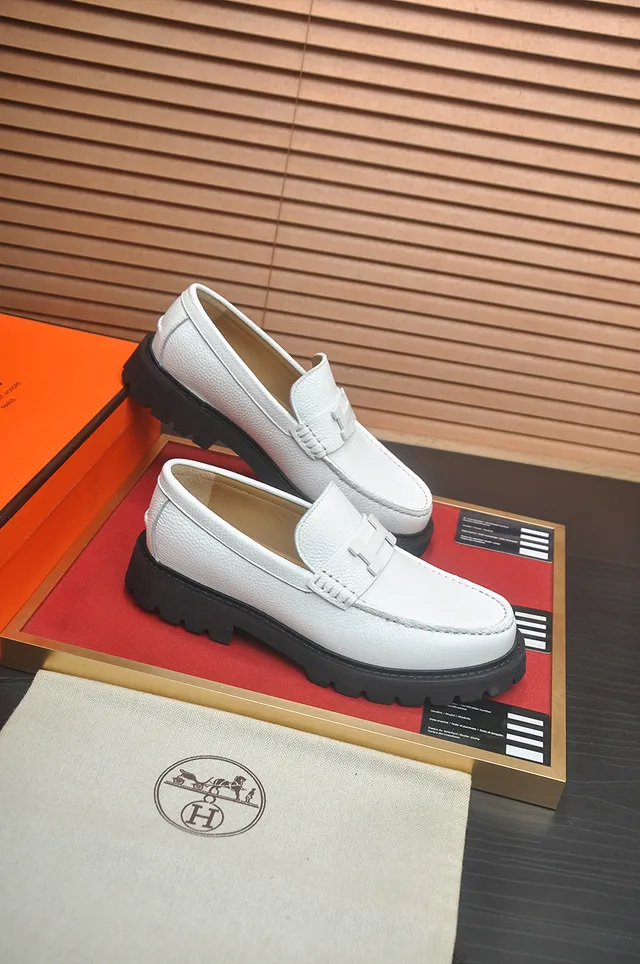 Hermès H-Buckle Loafer White Black Pebbled Leather Strap Loafer 4