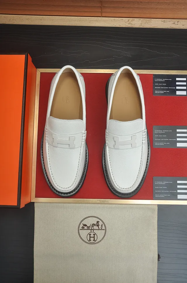 Hermès H-Buckle Loafer White Black Pebbled Leather Strap Loafer 5