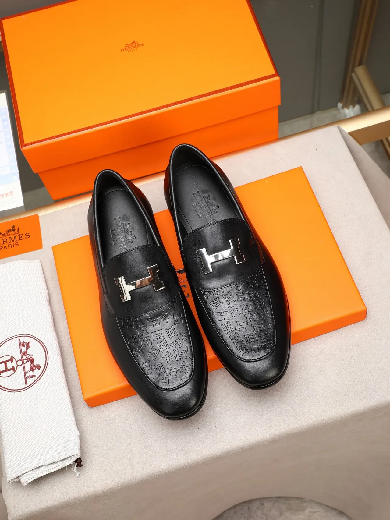 Hermès H-Loafer Black Leather Embossed Toe Cap Loafer 2