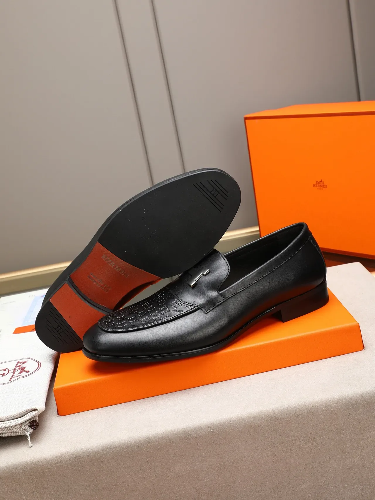 Hermès H-Loafer Black Leather Embossed Toe Cap Loafer 4