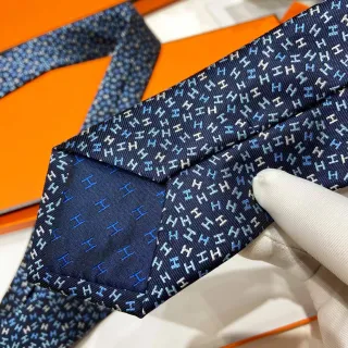 Hermès H Monogram Navy Blue Necktie